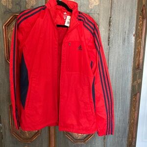 Adidas Men's Red Windbreaker with Navy Stripes